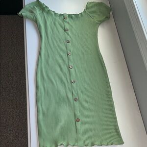 Lime Green Off-Shoulder tan Button detail mini  Dress